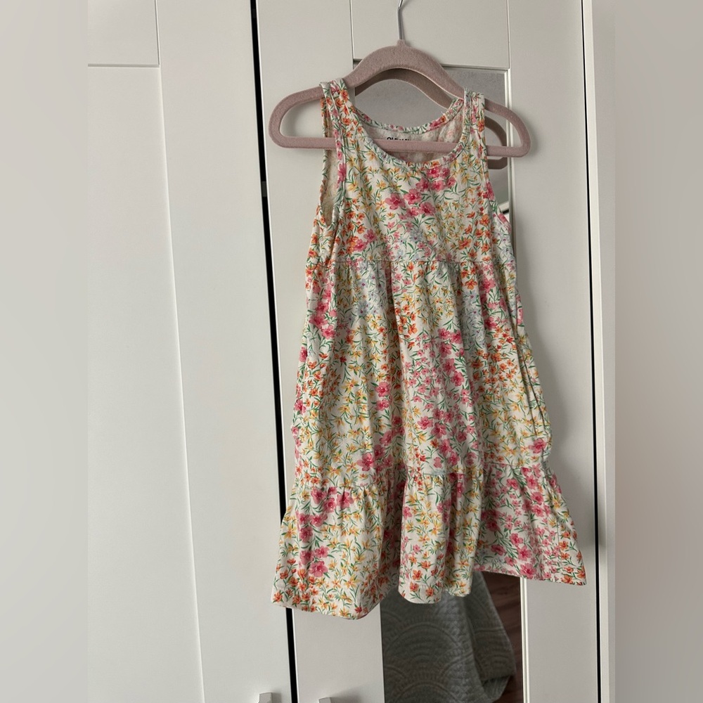 Old Navy Girls Floral Tiered Cotton Dress - Pink, Orange & Cream XS